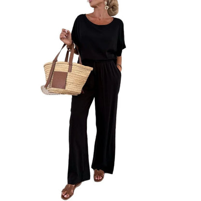 Fashion Suit Solid Color Round Neck Short Sleeves Tied Pants