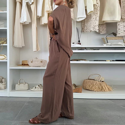 Fashion Suit Solid Color Round Neck Short Sleeves Tied Pants